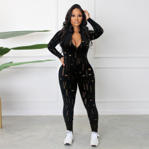 Sexy jacquard hollowed out long sleeved jumpsuit nightclub outfit