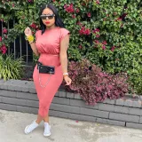 Sleeveless Shoulder Pad T-shirt One Step Dress Solid Two Piece Set