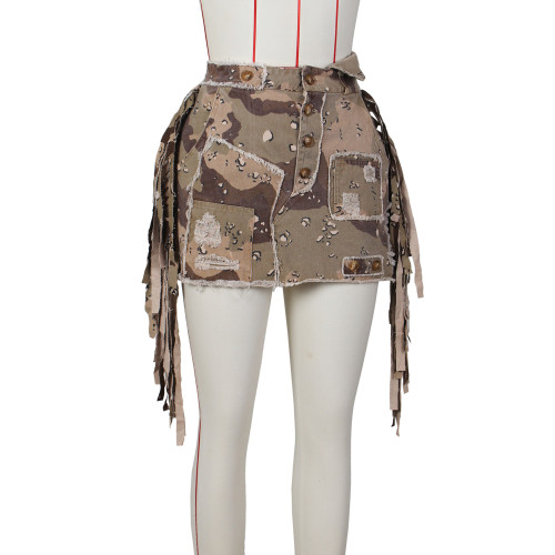 Fashionable camouflage tassel short skirt, half skirt, camouflage patch wrap skirt