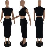 Sleeveless Shoulder Pad T-shirt One Step Dress Solid Two Piece Set