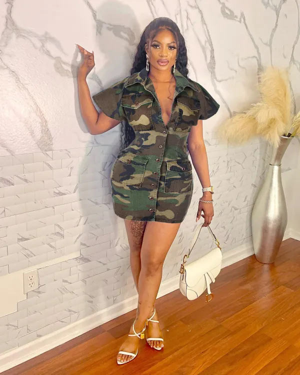 Personalized sexy large lapel camouflage tight dress