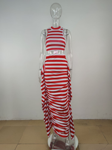 Striped open navel tight sleeveless vest skirt two-piece set