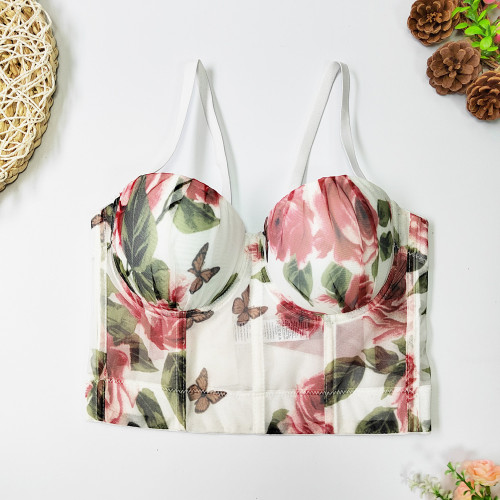 Styling and shaping rose print wrap chest, sweet and cute style mesh bra, short open back pleated suspender, no underwear