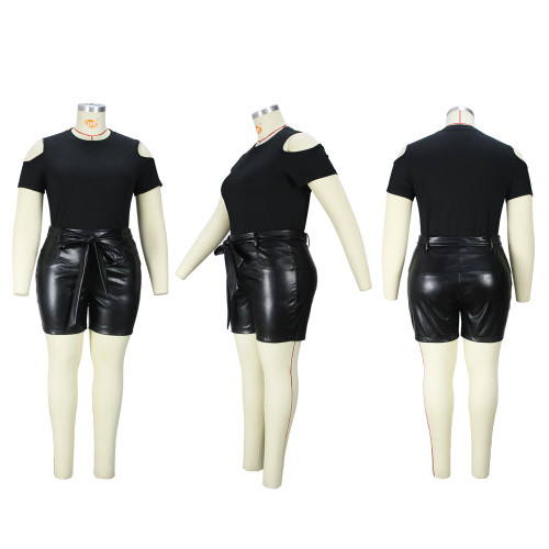 Fashion women's solid color off shoulder top sexy buttocks leather pants set