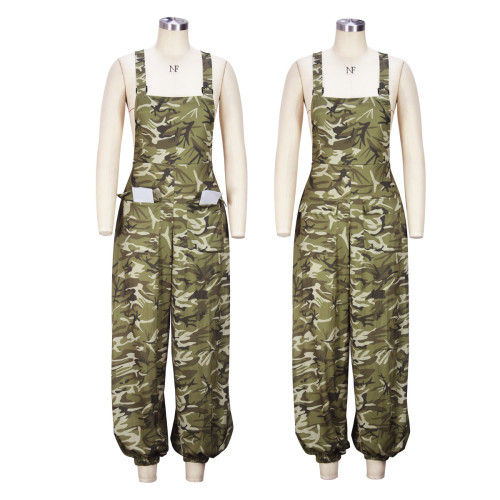 Strap camouflage pants printed loose fitting jumpsuit