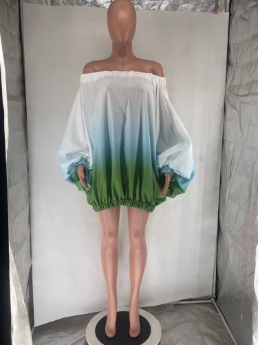 Street loose fitting short skirt gradient printed off shoulder dress
