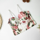 Styling and shaping rose print wrap chest, sweet and cute style mesh bra, short open back pleated suspender, no underwear