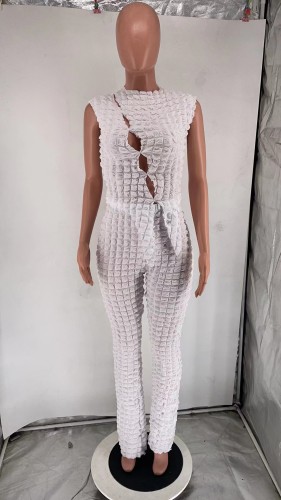 Fashionable Hollow Elastic Bubble Grid Sexy Sleeveless Set