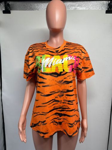 Tiger print short sleeved navel exposed slim fitting fashionable sexy round neck T-shirt