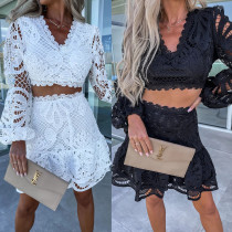 Long Sleeve Lace Set Lantern Sleeve Short Skirt Two Piece Set