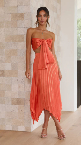 Sexy and versatile pleated skirt set, casual vacation lace up two-piece set