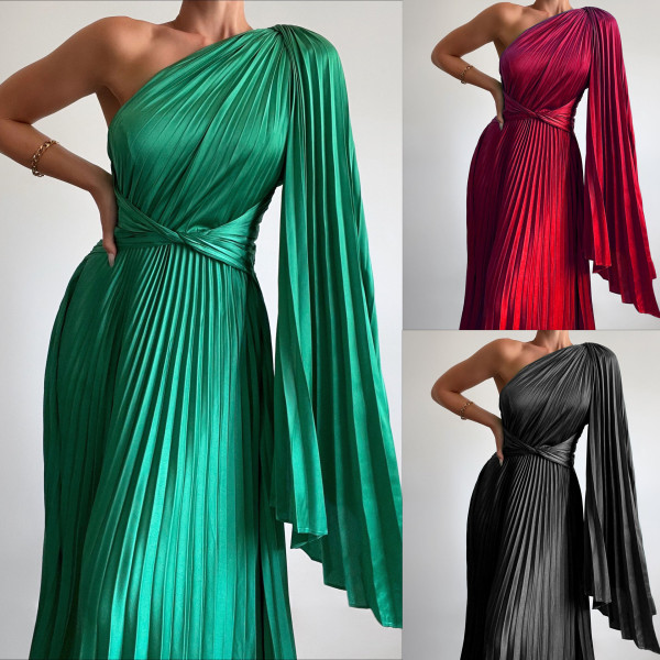 Slanted shoulder pleated casual dress loose holiday party long women's dress