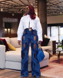 Personalized hollowed out horn denim pants