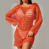 Sunscreen suit, sexy knitted hollow out pullover, round neck, long sleeved bikini swimsuit cover up