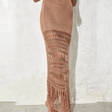 Solid color suspender knitted hollow waist fringed mid length skirt swimsuit cover up