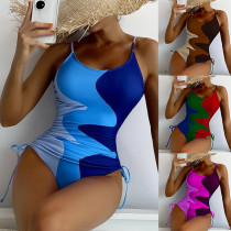 One piece swimsuit multi color patchwork drawstring ripple women's swimsuit