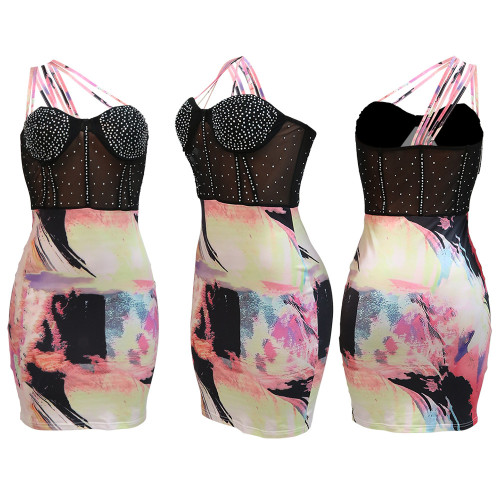 Fashionable hot diamond suspender dress with polyester mesh stitching and milk silk printing