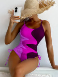 One piece swimsuit multi color patchwork drawstring ripple women's swimsuit