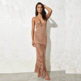 Solid color suspender knitted hollow waist fringed mid length skirt swimsuit cover up
