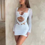 Lace up Skirt Sexy Mesh Flocking Perspective Hollow Wrapped Hip Skirt