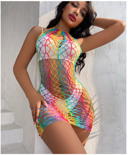 High elasticity perspective outfit hollowed out fishing net sexy colorful stripe series fun net clothing