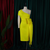 Solid Color Slim Bow Off Shoulder Dress Dress