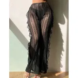 Wood ear edge hollowed out stripe gold silk casual sexy mesh perspective beach vacation pants