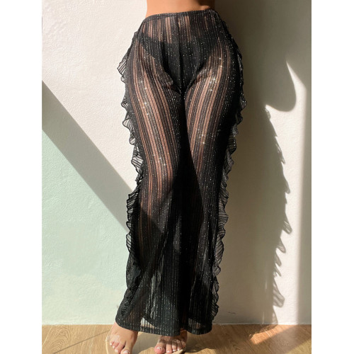Wood ear edge hollowed out stripe gold silk casual sexy mesh perspective beach vacation pants