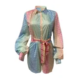 Women's cardigan lapel plaid positioning printed lantern sleeve jumpsuit shorts