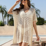 Square striped knitted hollowed out vacation bikini sun protection shirt beach sun protection suit