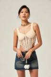Sexy Elastic Slim Fit Hollow Hook Flower Knitted Tank Top Women's Solid Backless Strap