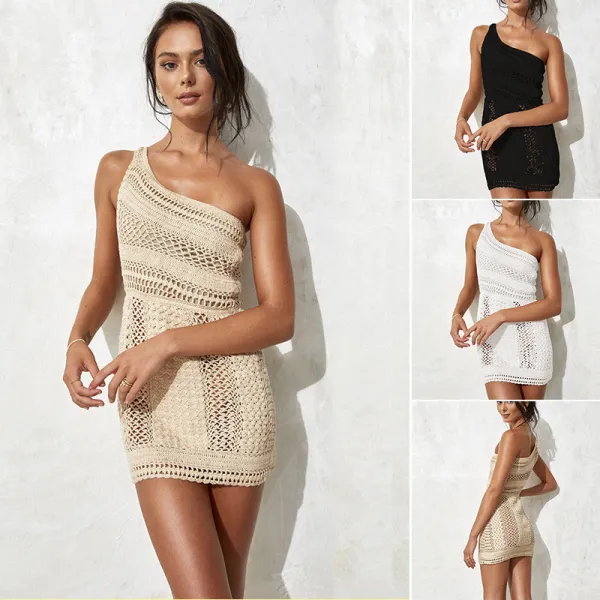 Knitted Beach Skirt Solid Color Sexy Hollow out Sleeveless Wrap Hip Knitted Skirt Women's Vacation Bikini Cover Up