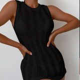 Sexy Solid Round Neck Sleeveless Breathable Knitted Short Dress Beach Sunscreen Cover