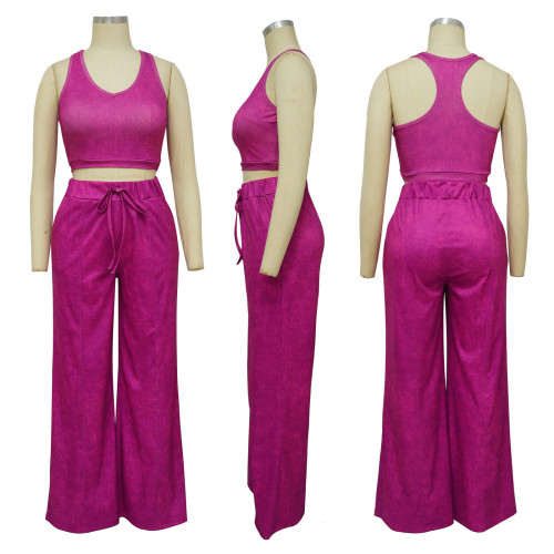 Sleeveless open waist short top with elastic waist and wide leg pants set