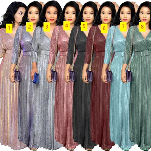 Women's fashion long sleeved gilded pleated large swing skirt with belt