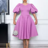 Round neck style bubble sleeves with waistband large swing dress A-line dress