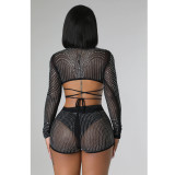 Women's solid color mesh hot diamond long sleeved shorts two-piece set