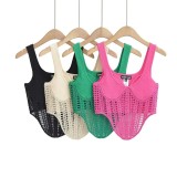 Sexy Elastic Slim Fit Hollow Hook Flower Knitted Tank Top Women's Solid Backless Strap