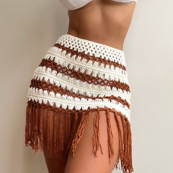 Fashionable Beach Holiday Skirt Knitted Hand Hook Spliced Colorful Fringe Bikini Overlay Half length Short Skirt