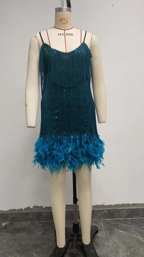 Sexy V-neck strap feather patchwork dress