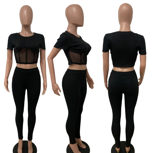 Women's elastic round neck short sleeved top and tight pants set
