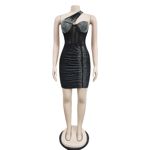 Women's Solid Color Diamond Mesh Sleeveless Oblique Neck Short Dress Dress