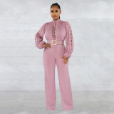 Women's waistband lace cut out solid color long sleeved pants jumpsuit