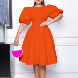 Round neck style bubble sleeves with waistband large swing dress A-line dress