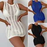 Sexy Solid Round Neck Sleeveless Breathable Knitted Short Dress Beach Sunscreen Cover