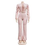 Women's waistband lace cut out solid color long sleeved pants jumpsuit