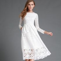 Round neck lace long sleeved slim fitting mid length skirt