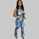 Loose digital printed straight tube rubber band pants