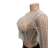 Women's solid color mesh hot diamond bubble bead long sleeved top single piece set