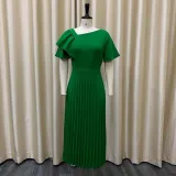 Ruffled Short Sleeve Oblique Shoulder Pleated Dress
